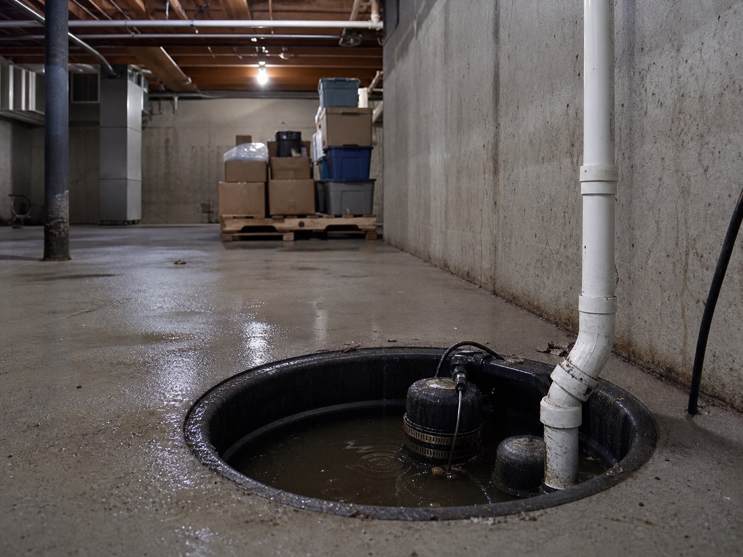 Puits de pompe de puisard avec eau dans un sous-sol