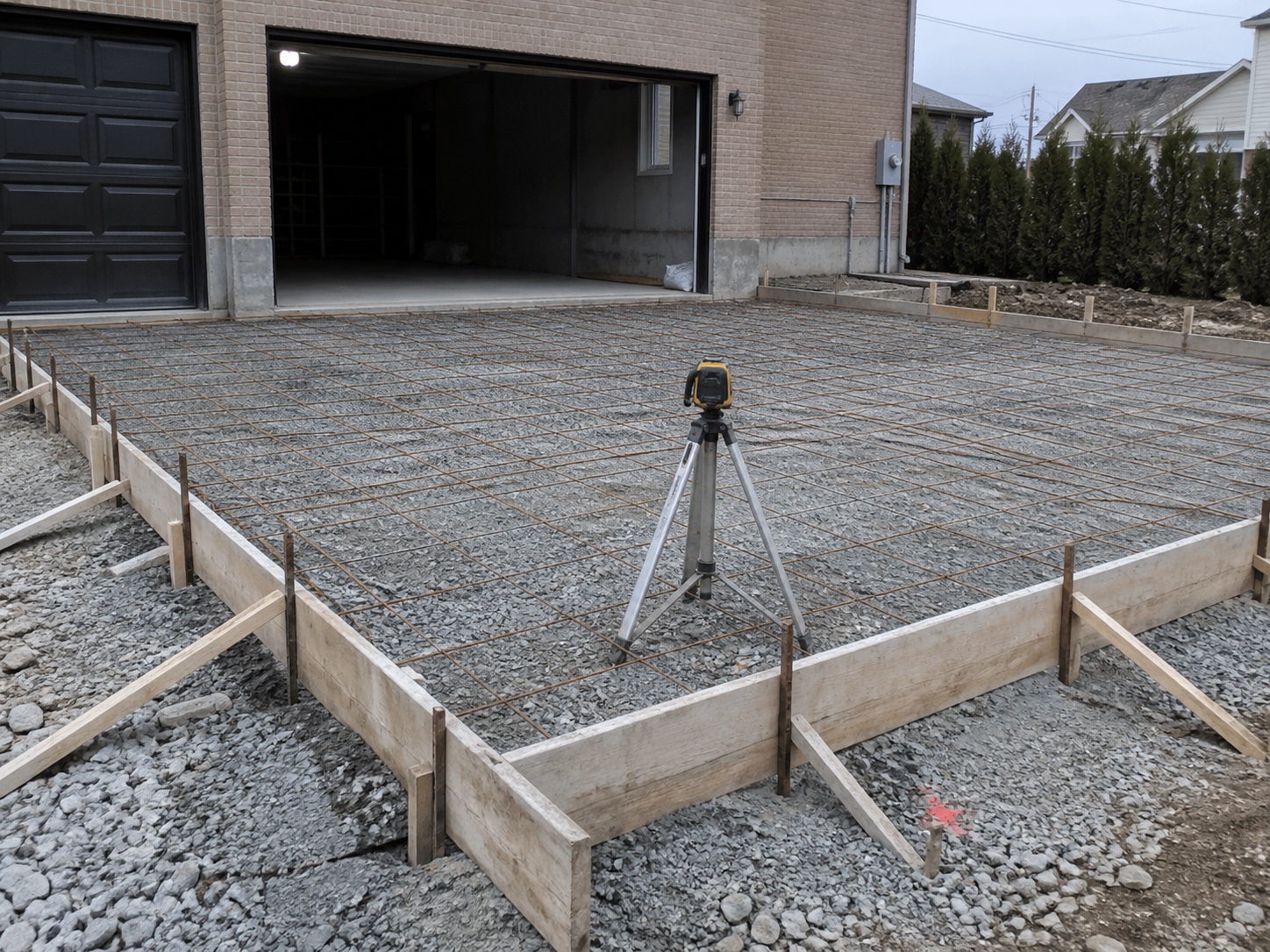 Dalle de béton finie sur chantier résidentiel